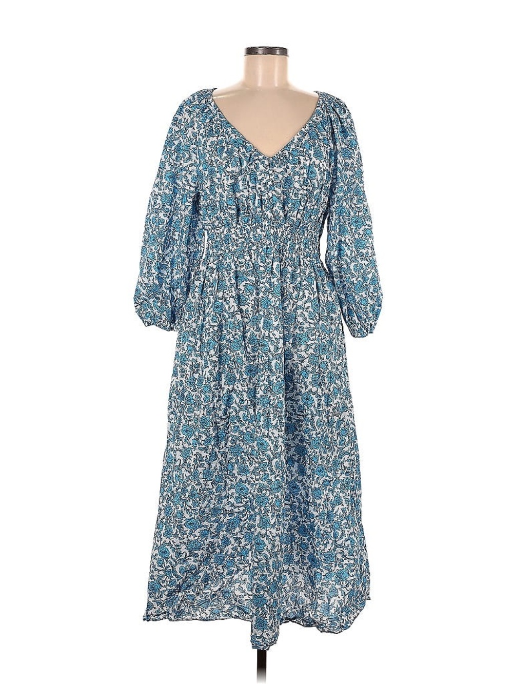 JCrew Blue Floral V-Neck Smocked Waist Maxi Dress